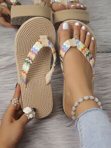 女式厚底舒適輕便拖鞋，繩索外觀，時尚適合夏季海灘穿著 - 卡其色 - 查看 3