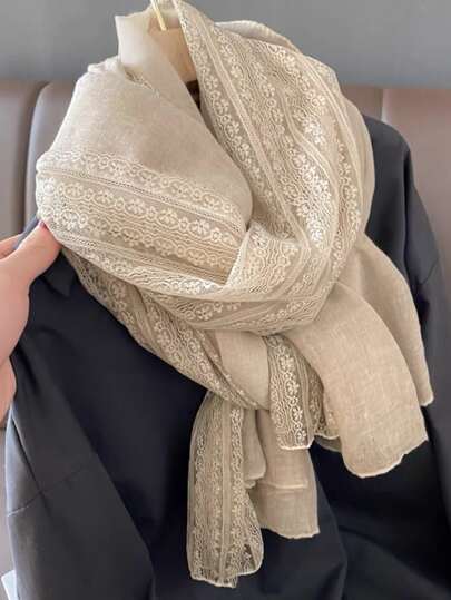 1 pièce Élégant foulard de couleur unie avec bordure en dentelle pour femmes, accessoire pour porter au quotidien, hiver, automne, Saint-Valentin