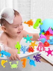 9入組彩色柔軟布娃娃海洋動物吸盤浴室玩具鯨魚螃蟹章魚珊瑚寶寶智力洗澡玩具兒童禮物（有些配件可能會隨機）