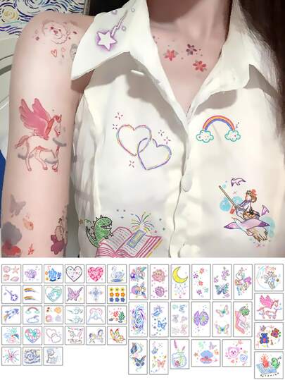 52片/套 可爱卡通烟花角色扮演临时纹身贴纸，防水，可持续1-5天，男女通用，适用于手指、手臂