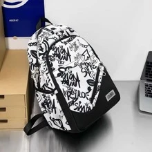 Mochila De Notebook Unissexo Com Pichação De Grande Capacidade - Preto e Branco - Visão 2
