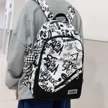 Mochila De Notebook Unissexo Com Pichação De Grande Capacidade - Preto e Branco - Visão 1