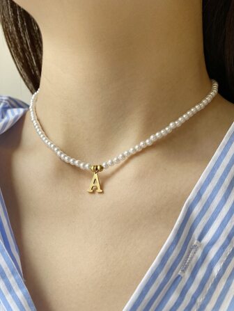 1pc 4mm Resin Faux Pearl & Letter Detail Fashionable Minimalist Bracelet For Women