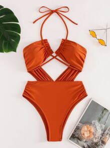 Cut Out Halter One-Piece Swimsuit, Summer Beach Bathing Suit - Burnt Orange - View 4