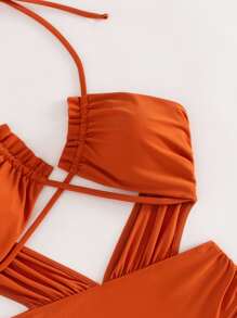 Cut Out Halter One-Piece Swimsuit, Summer Beach Bathing Suit - Burnt Orange - View 5