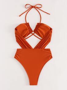 Cut Out Halter One-Piece Swimsuit, Summer Beach Bathing Suit - Burnt Orange - View 7