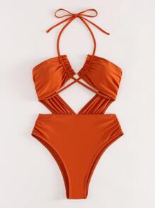 Cut Out Halter One-Piece Swimsuit, Summer Beach Bathing Suit - Burnt Orange - View 8