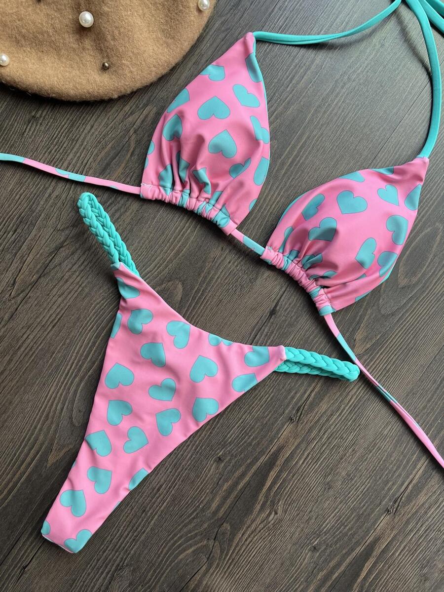 Heart Pattern Braided Strap Triangle Thong Bikini Set For Summer Beach - Multicolor - View 1
