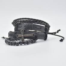 Zestaw 4 bransoletek ze skóry PU w stylu vintage z krzyżem i koralikami w stylu punk rocka