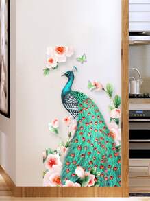 1 pieza Hermoso adhesivo de pared de pavo real realista, adhesivos, vinilos decorativos para decoración del hogar, artículos de decoración de primavera para refrescar tu hogar, adhesivos de decoración de ramas - Multicolor - Ver 4