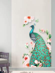 1 pieza Hermoso adhesivo de pared de pavo real realista, adhesivos, vinilos decorativos para decoración del hogar, artículos de decoración de primavera para refrescar tu hogar, adhesivos de decoración de ramas - Multicolor - Ver 2