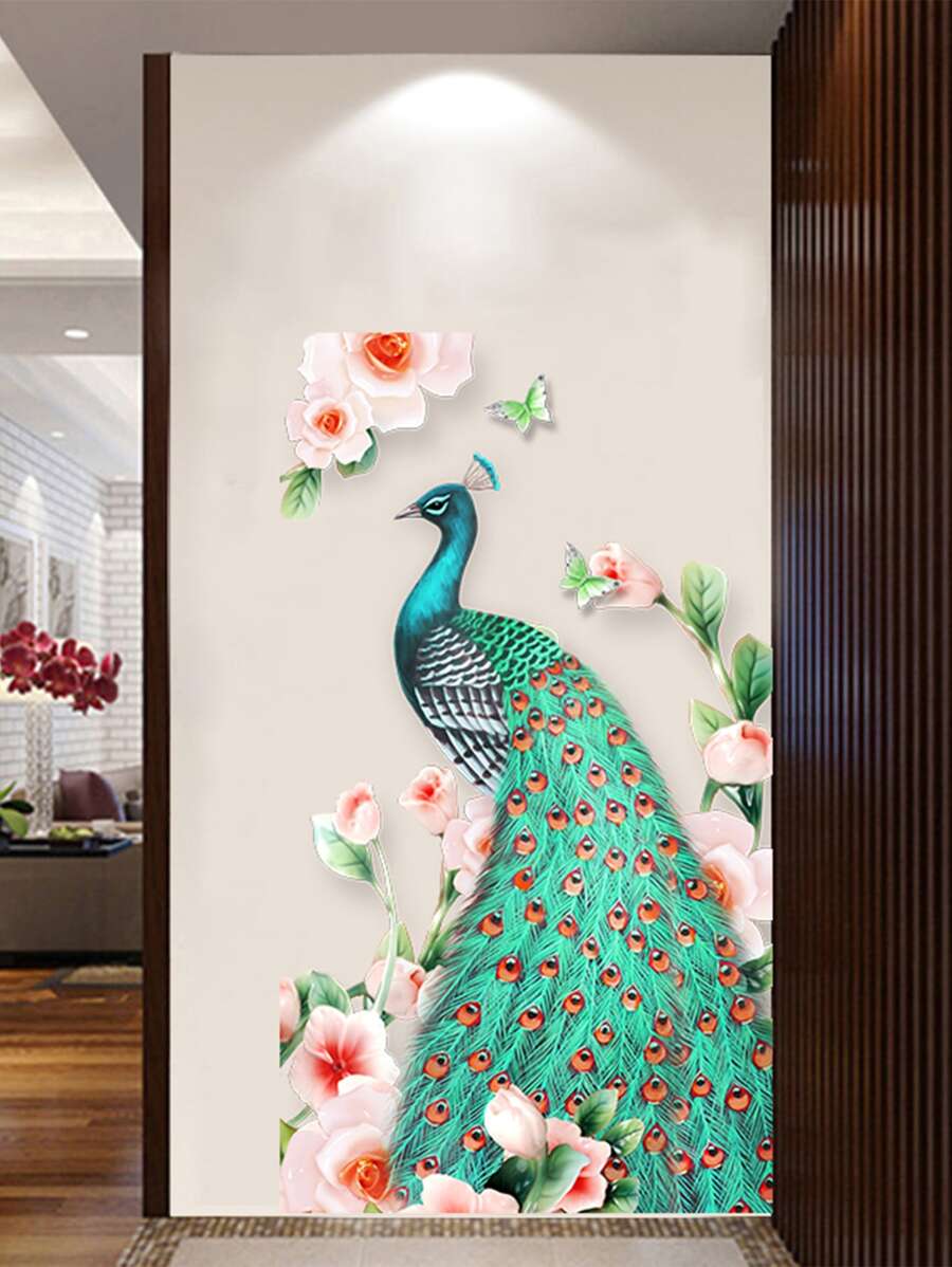 1 pieza Hermoso adhesivo de pared de pavo real realista, adhesivos, vinilos decorativos para decoración del hogar, artículos de decoración de primavera para refrescar tu hogar, adhesivos de decoración de ramas - Multicolor - Ver 1