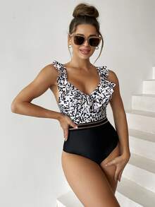 Leopard Ruffle Trim One Piece Swimsuit Summer - Black and White - View 2