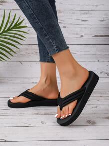 女士夏季時尚坡跟跟防滑海灘家居拖鞋帶露趾和一腳蹬風格 - 黑色 - 查看 5