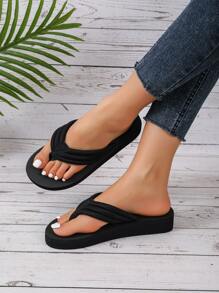 女士夏季時尚坡跟跟防滑海灘家居拖鞋帶露趾和一腳蹬風格 - 黑色 - 查看 4