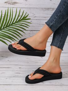 女士夏季時尚坡跟跟防滑海灘家居拖鞋帶露趾和一腳蹬風格 - 黑色 - 查看 3