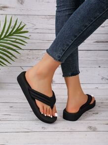 女士夏季時尚坡跟跟防滑海灘家居拖鞋帶露趾和一腳蹬風格 - 黑色 - 查看 7