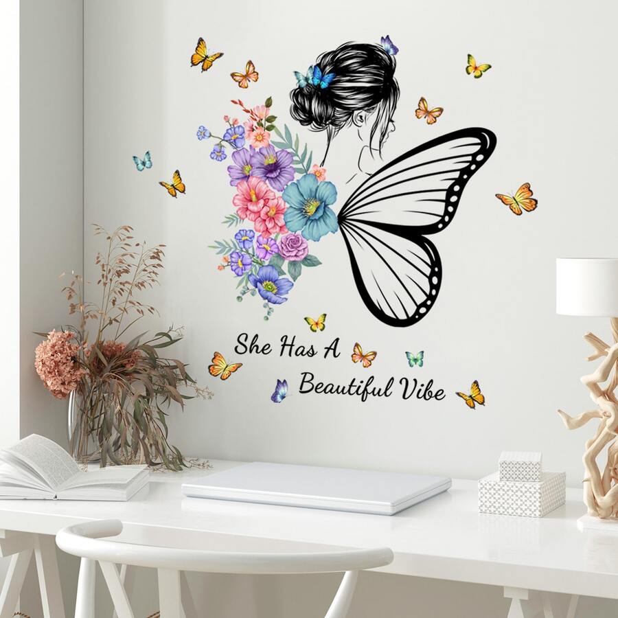 1 Bộ/2 Cái Bướm Và Bảng Chữ Cái Tiếng Anh Thiết Kế Hoa Dán Tường Cho Phòng Bé Gái Trang Trí Phòng Khách, đề Can Dán Tường Tự Dính - Nhiều màu - Xem 1