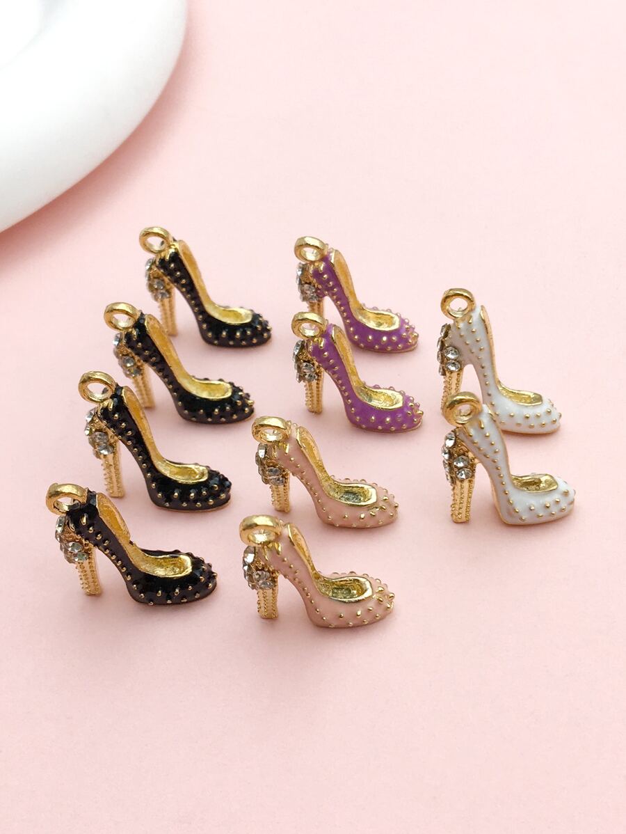 10pcs Random Color Mixed Fashion Rhinestone Enamel High Heels DIY Charm Pendant For Jewelry Earrings Necklace Making Accessories - Multicolor - View 1