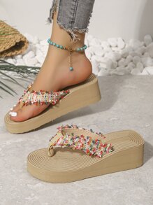 女士夏季多色编织防滑厚底沙滩度假拖鞋 - 彩色 - 查看 2