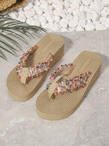 女士夏季多色编织防滑厚底沙滩度假拖鞋 - 彩色 - 查看 5