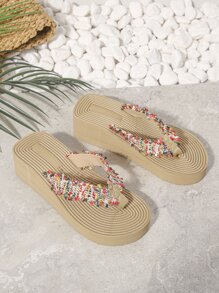 女士夏季多色编织防滑厚底沙滩度假拖鞋 - 彩色 - 查看 6