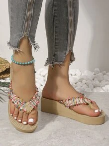 女士夏季多色编织防滑厚底沙滩度假拖鞋 - 彩色 - 查看 4