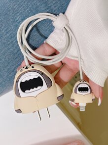 2 piezas Set de protector de cable de datos & cubierta de cabezal de cargador tiburón de dibujos animados diseño - Beis - Ver 2