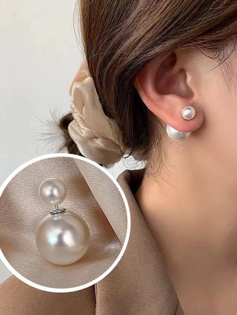 1 Đôi Bông Tai Ngọc Trai Giả Hai Mặt - trắng - Xem 1