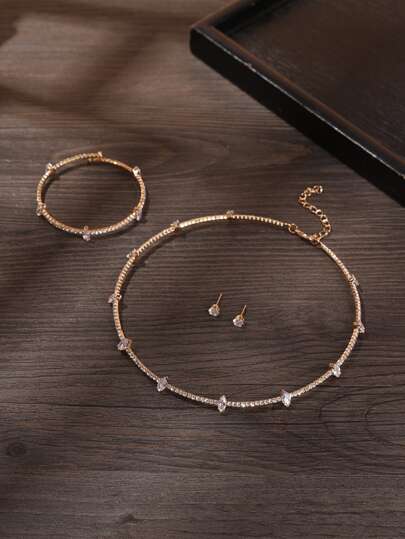 4入組女士時尚優雅極簡全水鑽裝飾手環,項鍊,耳環套裝