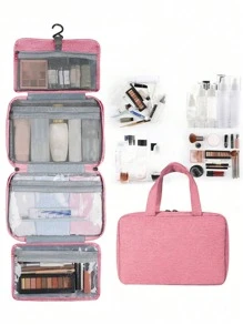 大號掛鉤盥洗包防水折疊手提包旅行化妝化妝品剃刀收納袋化妝刷收納 - 粉色 - 查看 1