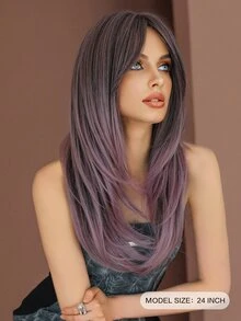 7JHH WIGS 粉色紫色渐变色合成假发，适合日常聚会，长直发分层假发，带刘海，女士耐热假发，24 英寸 - 紫色 - 查看 4