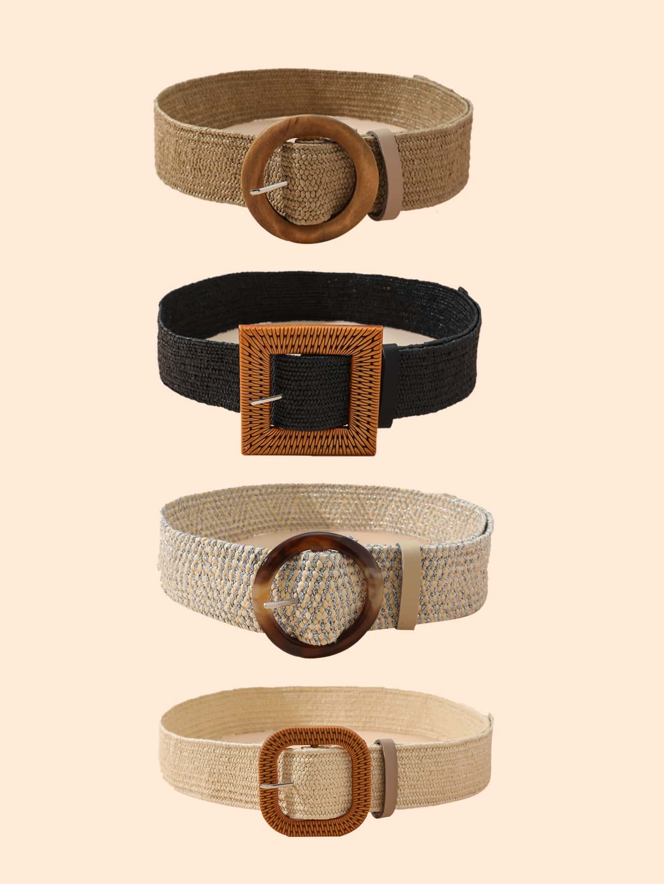 4入組簡約風和時尚編織彈性腰帶適合女士-合適適用於洋裝和半身裙PP編織材料夏天海灘風格皮帶 - 彩色 - 查看 1