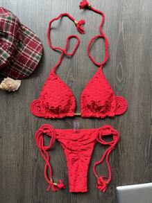 Solid Color Triple Layer Fabric Handmade Braided Bikini Summer Vacation Beach - Red - View 2