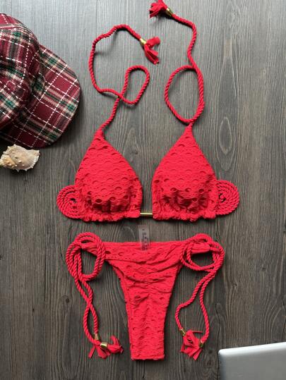 纯色三层布料手工编织比基尼夏季度假沙滩装