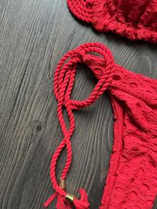 Solid Color Triple Layer Fabric Handmade Braided Bikini Summer Vacation Beach - Red - View 5