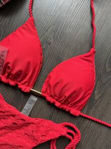 Solid Color Triple Layer Fabric Handmade Braided Bikini Summer Vacation Beach - Red - View 6