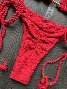 Solid Color Triple Layer Fabric Handmade Braided Bikini Summer Vacation Beach - Red - View 4