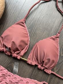 Solid Color Handcrafted Braided Rope Bikini With Three Layers Of Fabric Summer Vacation Beach - Dusty Pink - View 4