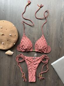 Solid Color Handcrafted Braided Rope Bikini With Three Layers Of Fabric Summer Vacation Beach - Dusty Pink - View 1