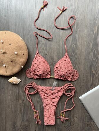 บิกินีถัก สีพื้น ทำด้วยมือ ด้วยเชือกถัก ด้วยผ้า 3 ชั้น สำหรับฤดูร้อน