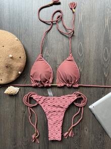 Solid Color Handcrafted Braided Rope Bikini With Three Layers Of Fabric Summer Vacation Beach - Dusty Pink - View 2