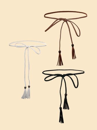 3入組女性時尚休閒編織細腰帶,人造皮革腰帶,流蘇和木珠細節