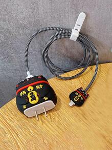 2 Miếng Phim Hoạt Hình 3D Thiết kế mèo Bộ bảo vệ cáp dữ liệu & nắp đầu sạc - màu đen - Xem 3