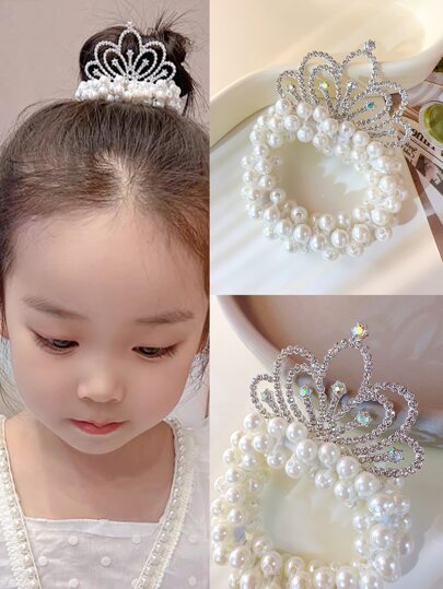 1pc Girls Crown & Faux Pearl Elastic Hair Tie