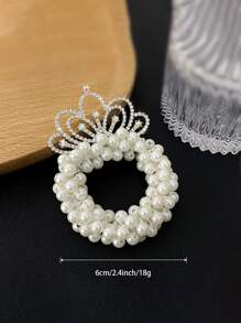 1pc Girls Crown & Faux Pearl Elastic Hair Tie - White - View 4