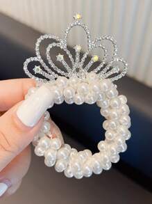 1pc Girls Crown & Faux Pearl Elastic Hair Tie - White - View 6