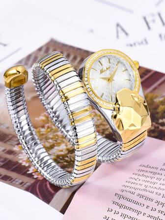 Miss fox MISSFOX女士雙色蛇紋錶帶時尚鑲鑽圓錶盤石英手錶，適用於日常生活和假期