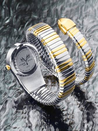 Miss fox MISSFOX Women Two Tone Snake Detail Zinc Alloy Strap Fashionable Rhinestone Decor Round Dial Quartz Watch, For Daily Life Holiday