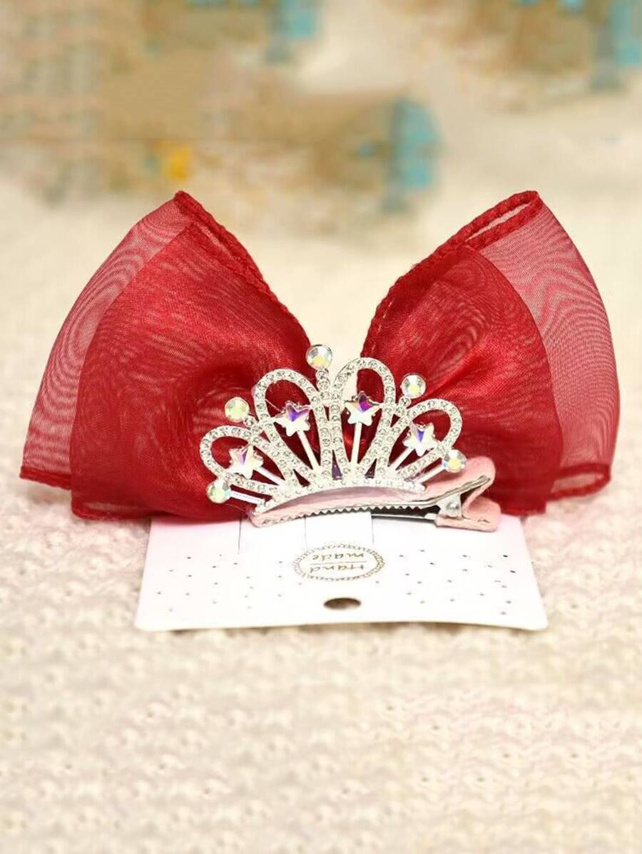 1pc Girls Rhinestone Crown & Bow Decor Fashion Alligator Hair Clip For Party - Red - View 1